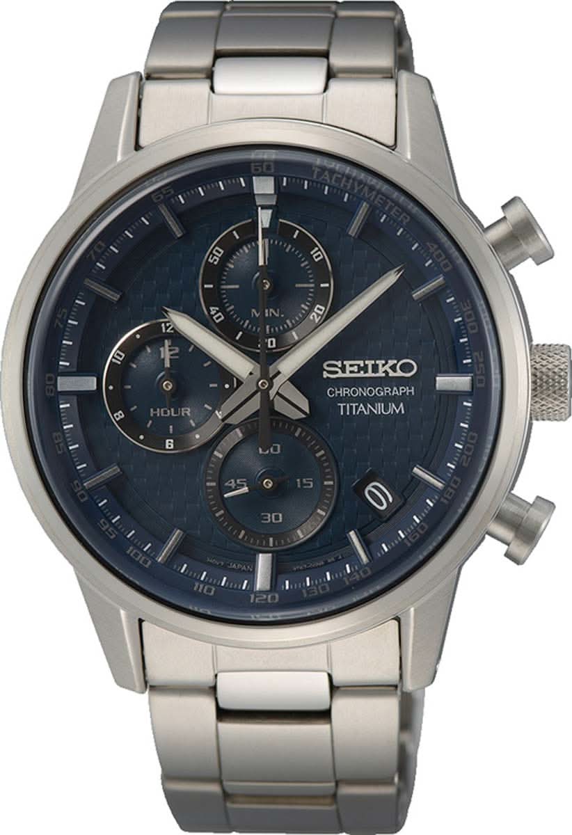 Cronógrafo para hombre con esfera azul, subesferas de cronómetro y pulsera de metal