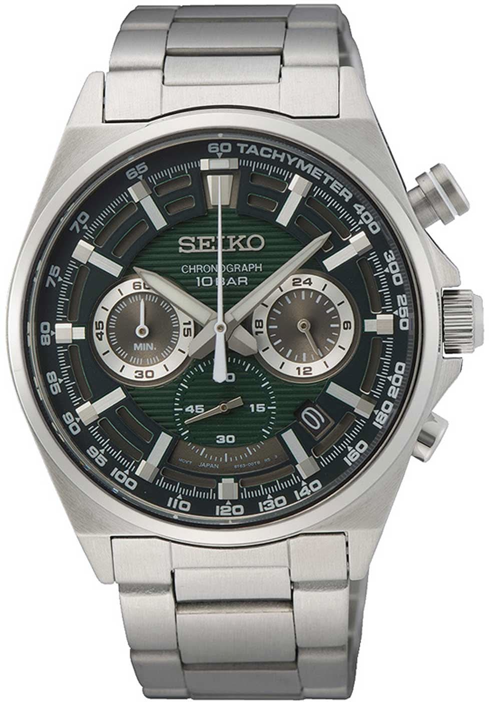 Reloj cronógrafo para hombre: pulsera de acero inoxidable plateado, esfera verde con bisel taquímetro