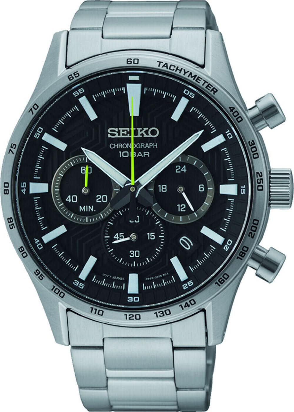 Reloj cronógrafo para hombre: esfera negra, detalles verdes, correa de acero inoxidable