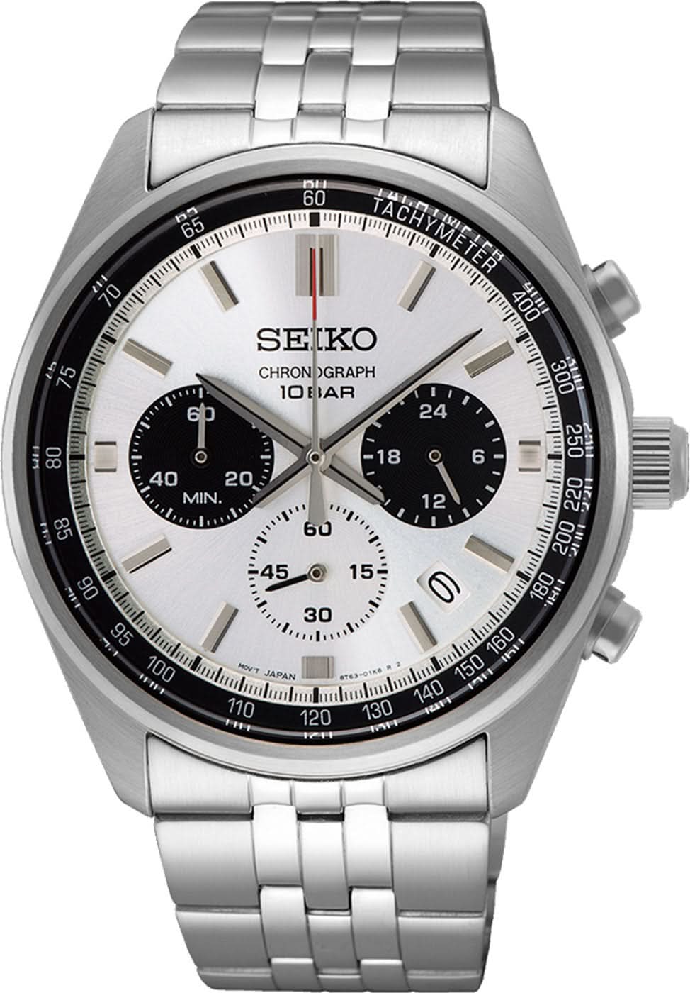 Reloj de hombre con correa de acero inoxidable plateado, esfera blanca y funciones de cronógrafo
