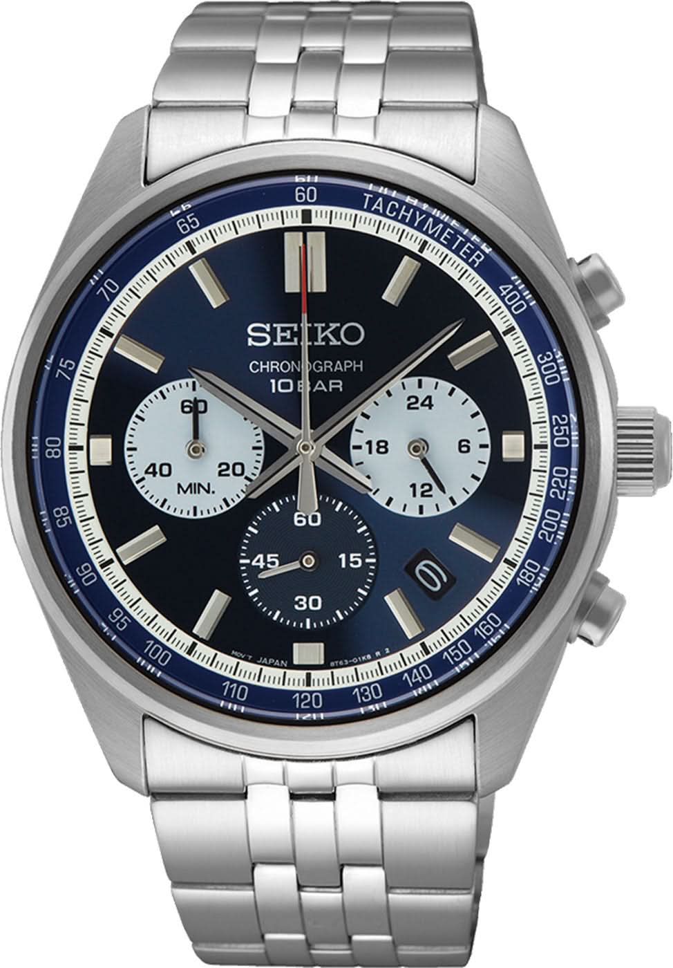 Reloj Seiko para hombre con esfera azul de cronógrafo, correa y caja de metal