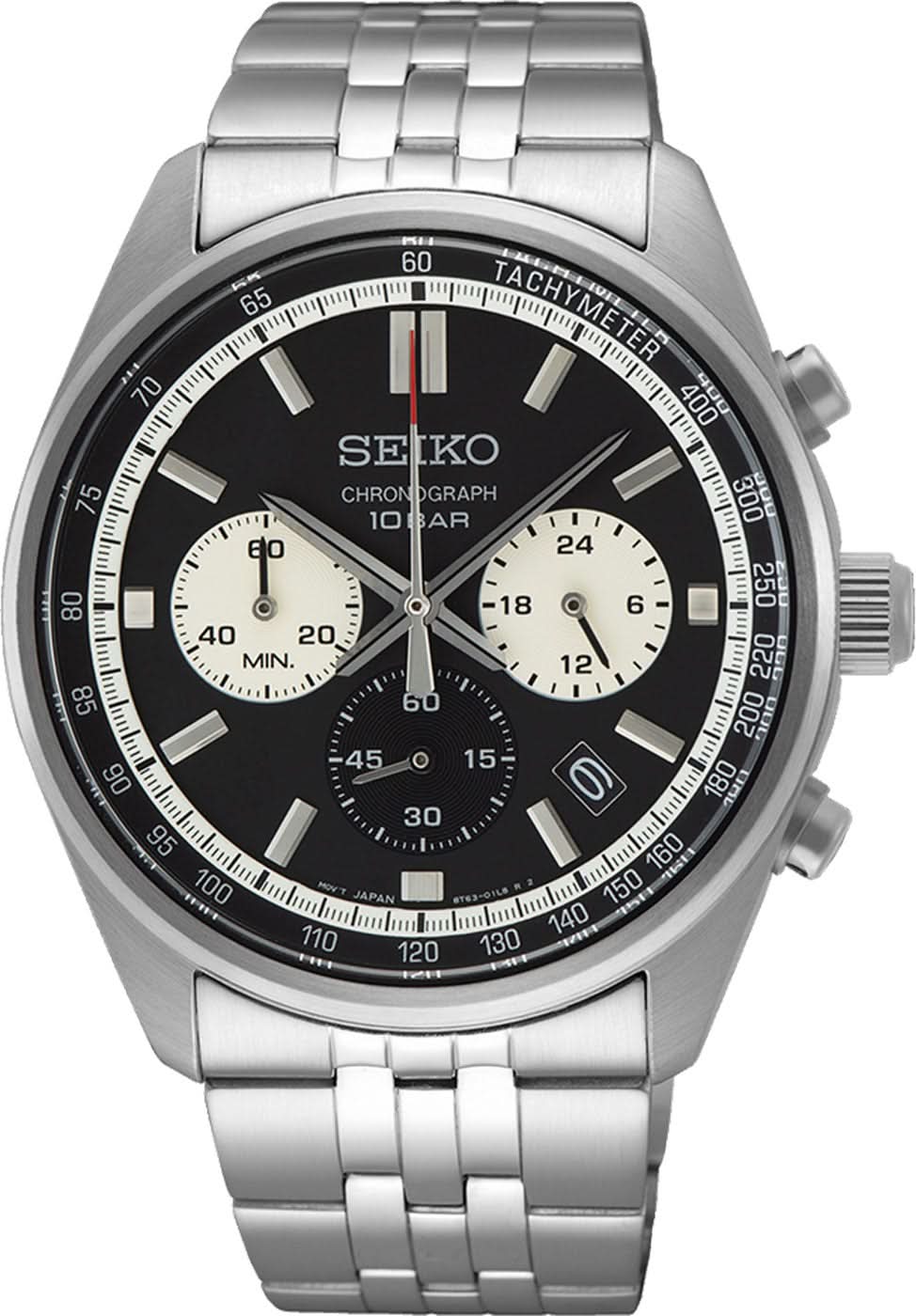 Reloj Seiko para hombre con cronógrafo, esfera negra, bisel taquímetro y correa de acero