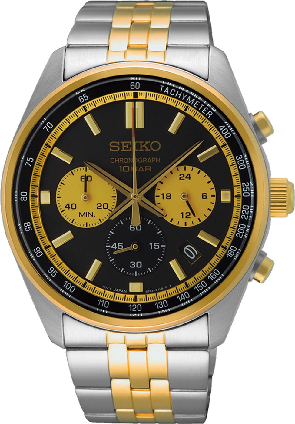 Reloj de pulsera bicolor para hombre con cronógrafo, esfera negra y correa de acero inoxidable