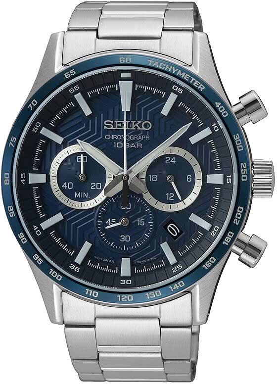Reloj de hombre con esfera azul, subesferas de cronógrafo y correa de acero inoxidable