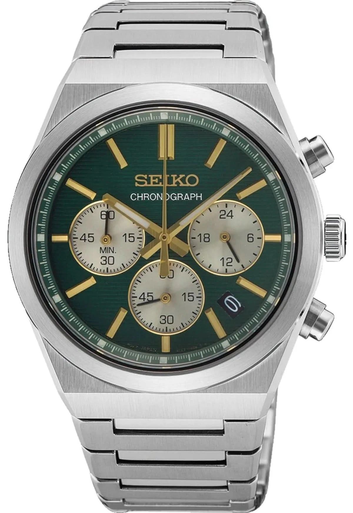 Reloj Seiko para hombre con esfera verde de cronógrafo, detalles dorados y correa de acero