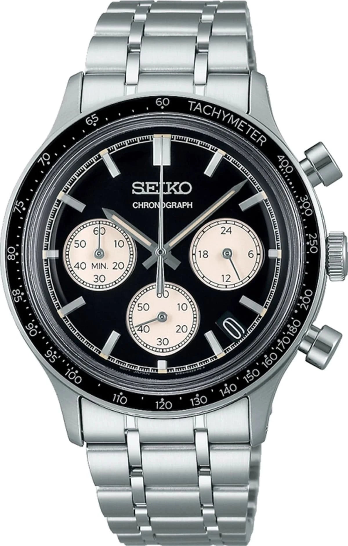 Cronógrafo para hombre con pulsera de acero inoxidable plateado, esfera negra y bisel taquímetro