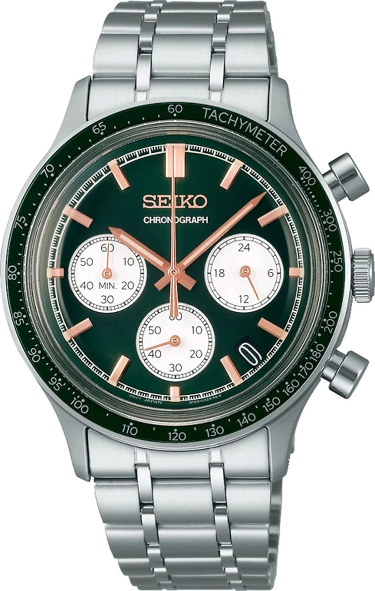 Pulsera de acero para hombre, esfera verde, cronógrafo y bisel taquímetro