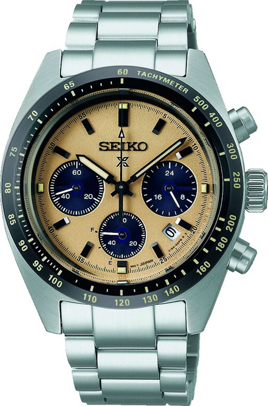 Reloj de hombre con esfera redonda de cronógrafo, diseño dorado-azul, correa de metal