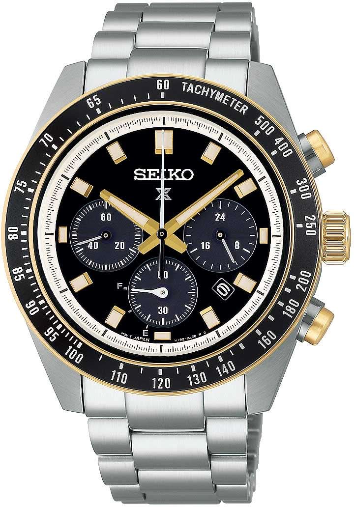Pulsera de hombre: correa de acero inoxidable, esfera negra con contadores de cronógrafo dorados