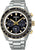Pulsera de hombre: correa de acero inoxidable, esfera negra con contadores de cronógrafo dorados