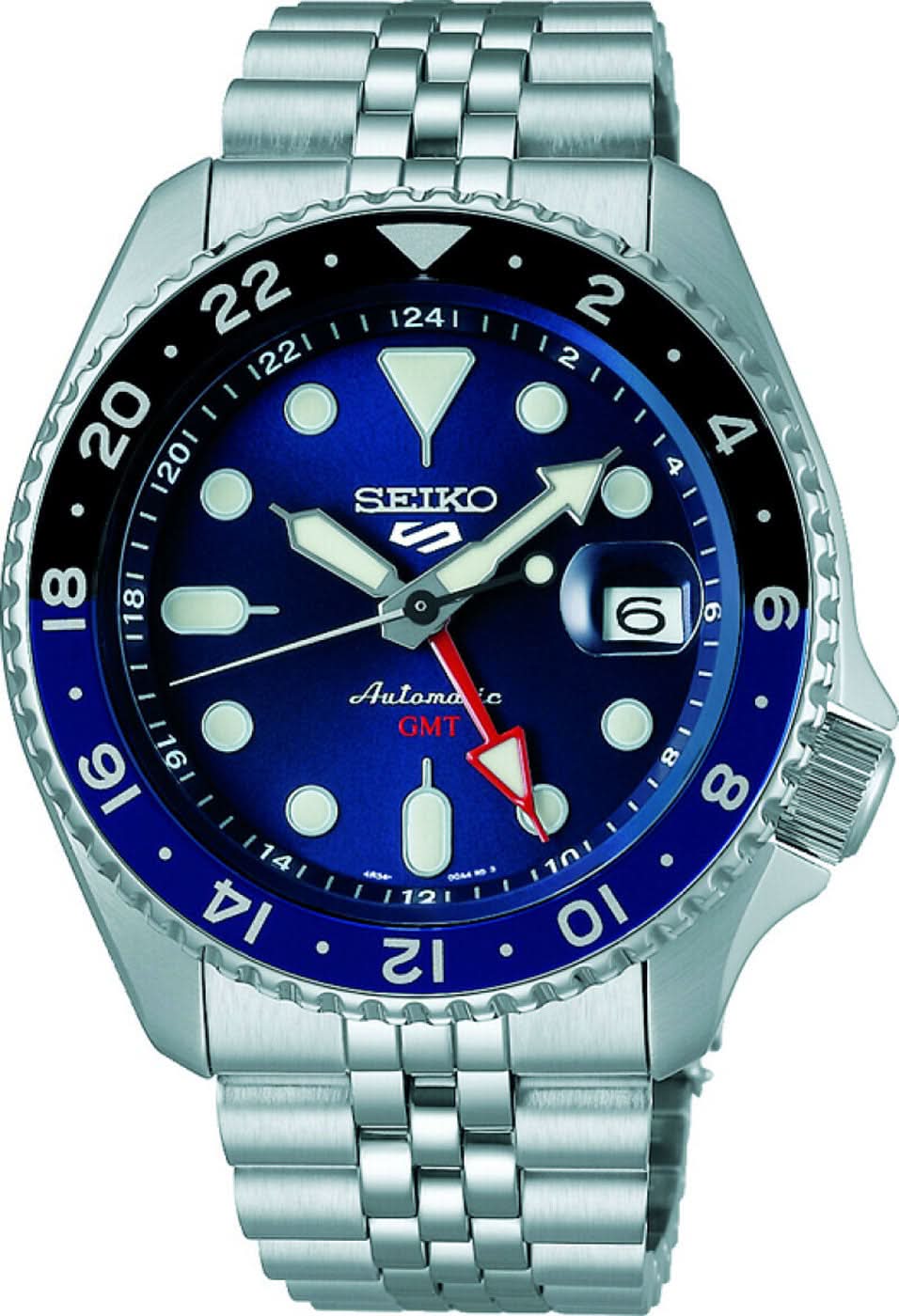 Reloj Seiko 5 Sports para hombre con esfera azul, manecilla GMT y brazalete de metal