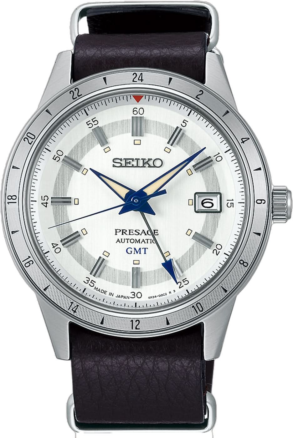 Reloj de hombre: caja plateada, esfera blanca, correa de cuero marrón oscuro