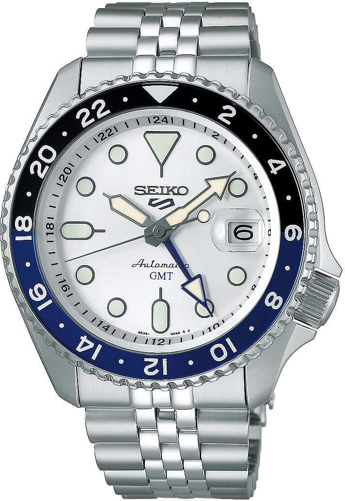 Reloj de pulsera Seiko para hombre con bisel azul, esfera blanca y correa de acero inoxidable
