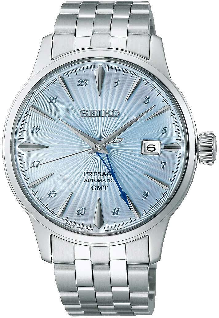 Pulsera de acero inoxidable para hombre, brazalete plateado, esfera azul con indicador GMT