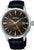 Reloj de hombre con correa de cuero negra y esfera marrón, bisel plateado