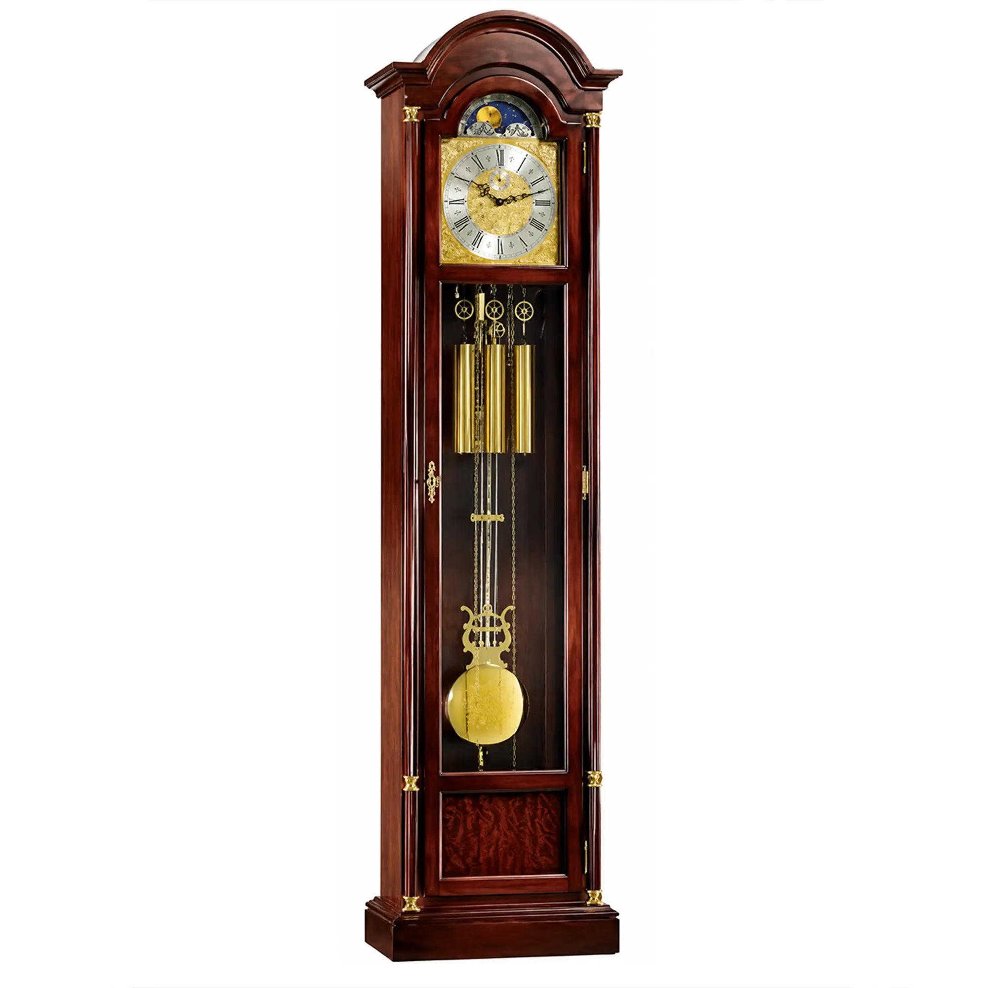 Reloj de pie en caja de madera oscura con mecanismo, péndulo y pesas dorados