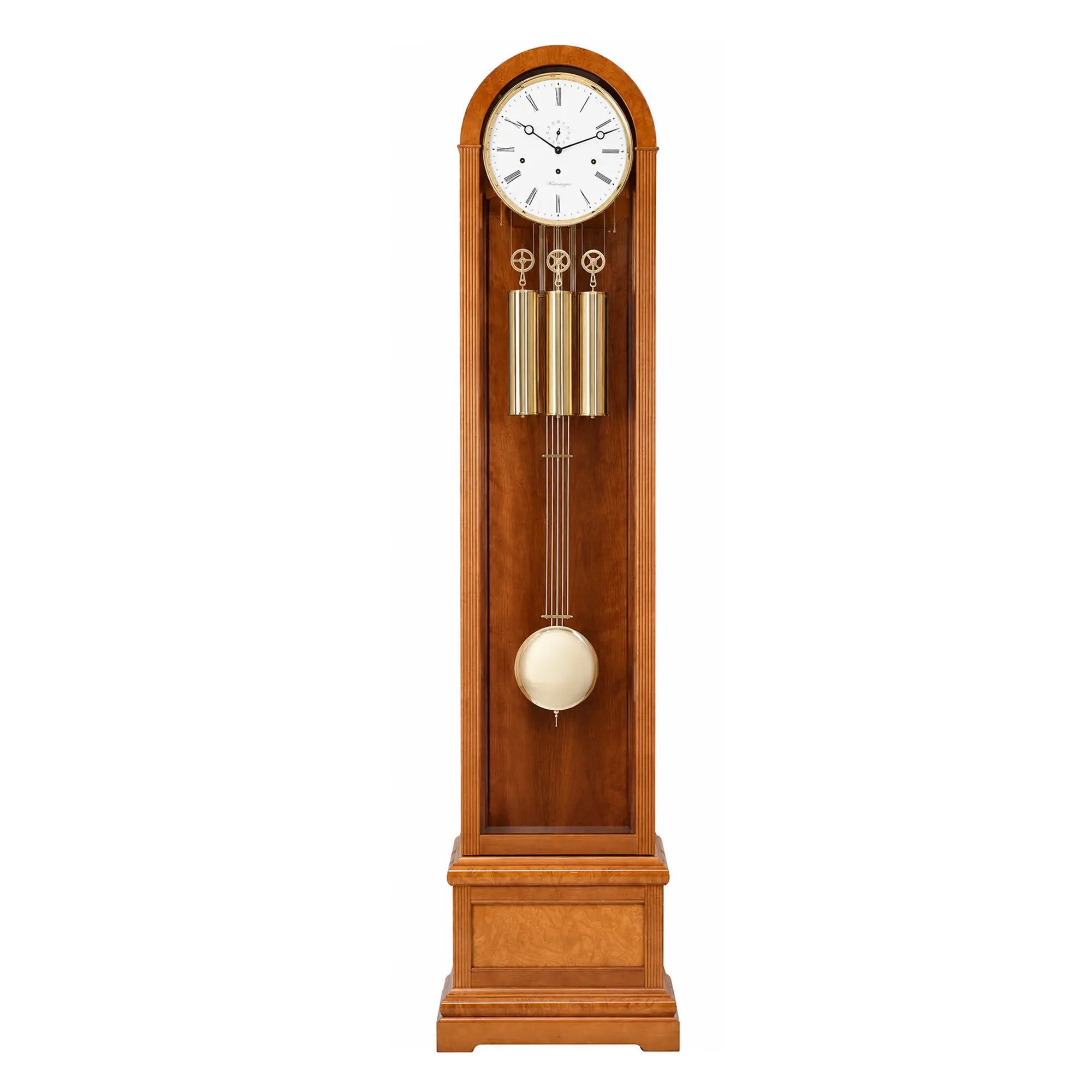 Reloj de pie de madera con esfera redonda, varillas de sonido doradas y bola de ajuste redonda
