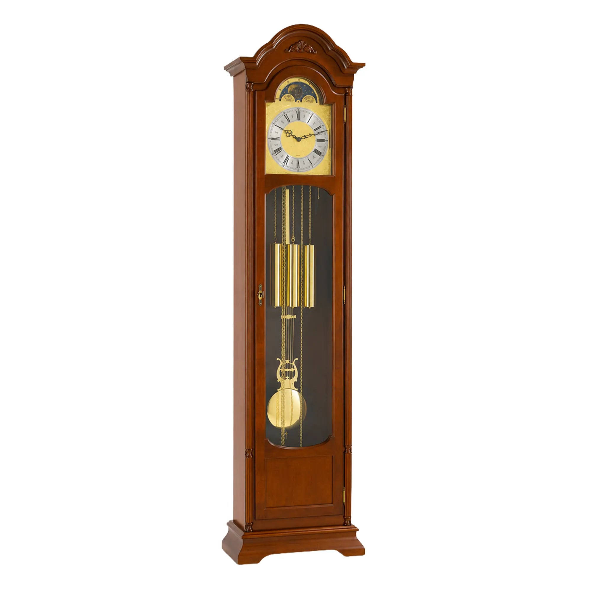 Reloj de pie de madera con esfera redonda, frente de cristal y pesas de péndulo visibles