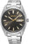 Pulsera para hombre: correa de metal plateado, esfera negra, fecha LUN 6