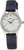 Reloj de mujer con correa de cuero azul, caja plateada, esfera blanca y bisel con pedrería