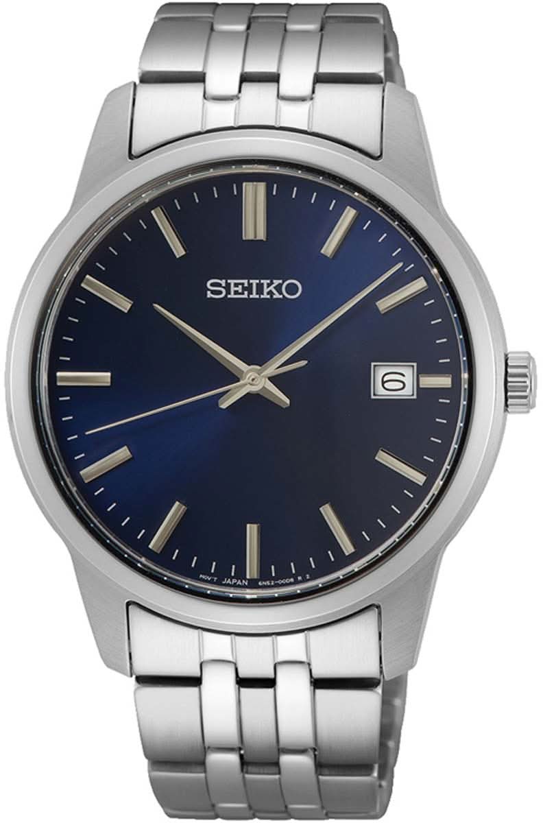 Pulsera de hombre con esfera azul, correa de acero inoxidable y manecillas finas