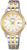 Reloj Seiko para mujer: esfera blanca, agujas doradas y brazalete de acero bicolor