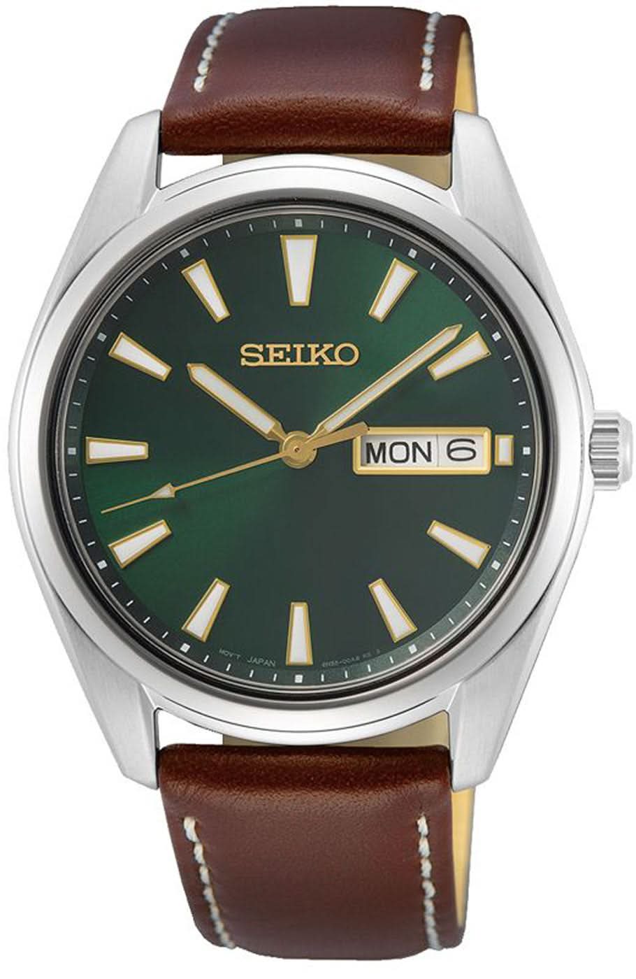 Reloj Seiko para hombre con esfera verde oscuro, correa de cuero marrón y visualización de fecha
