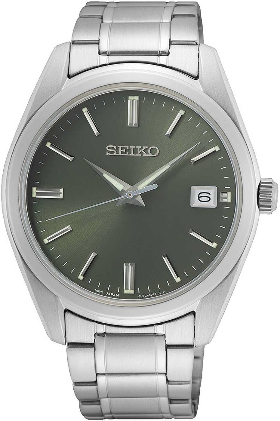 Reloj Seiko para hombre con correa de acero inoxidable, esfera redonda verde, indicador de fecha a las 6