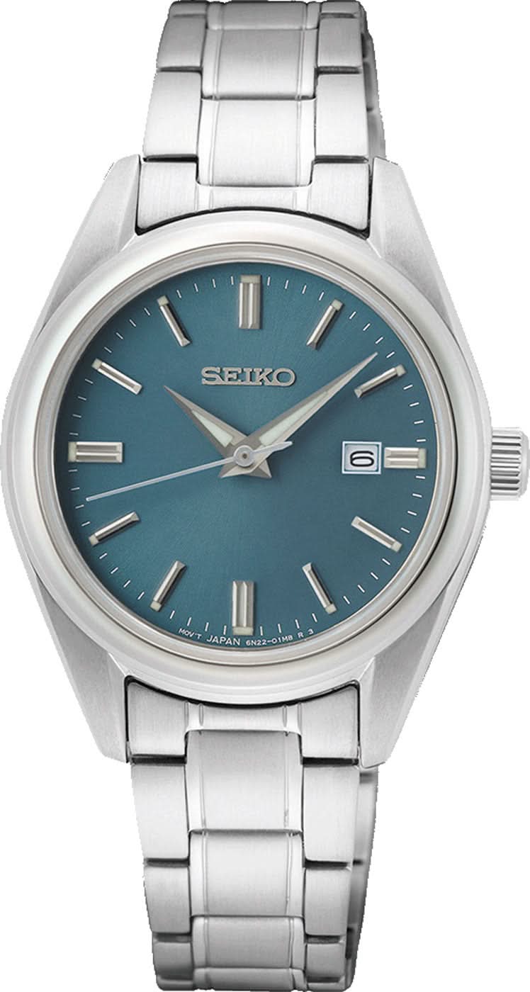 Reloj Seiko para mujer con esfera azul, correa de acero inoxidable plateada y manecillas redondas