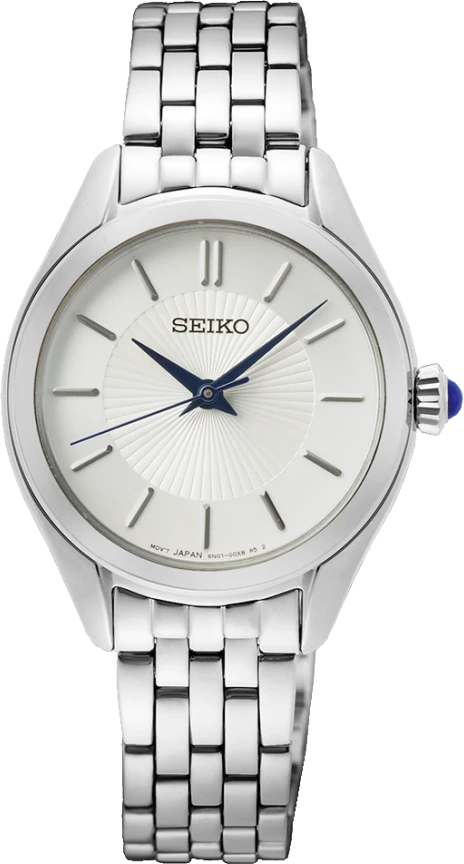 Reloj de mujer con brazalete de metal plateado y esfera redonda blanca, manecillas azules, SEIKO