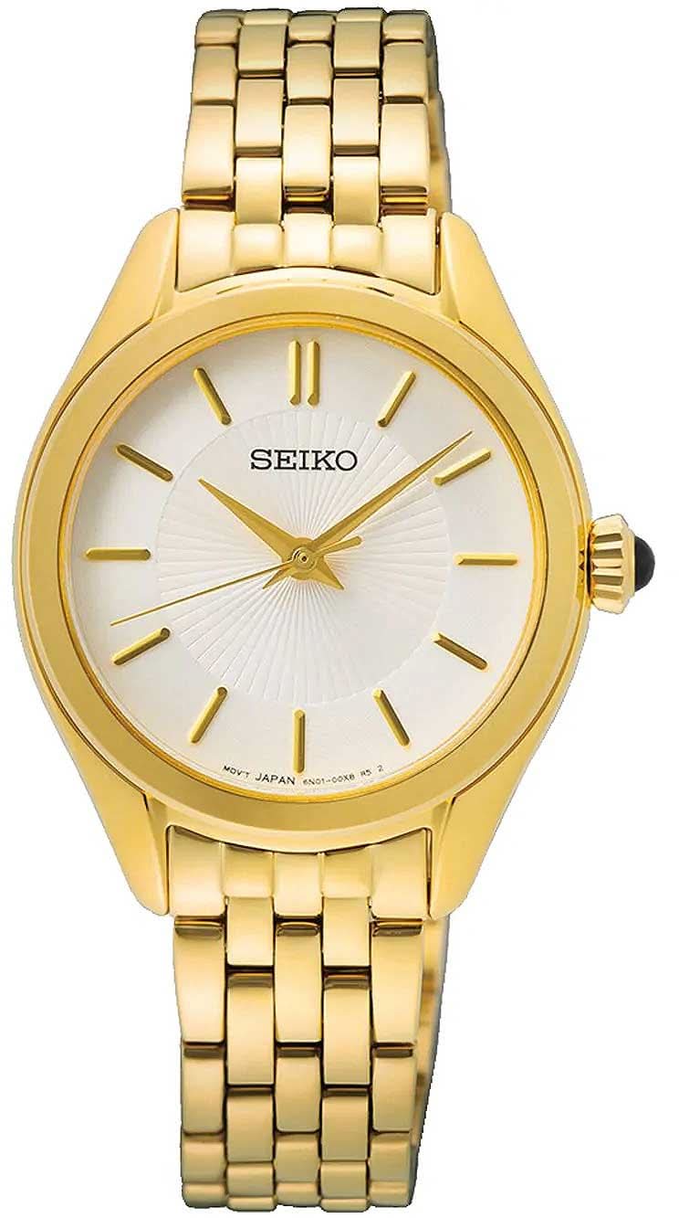 "Reloj de mujer con brazalete de metal dorado, esfera blanca y logo SEIKO"