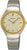 "Reloj de mujer con pulsera de metal bicolor y esfera en tono oro rosa, marcadores dorados"