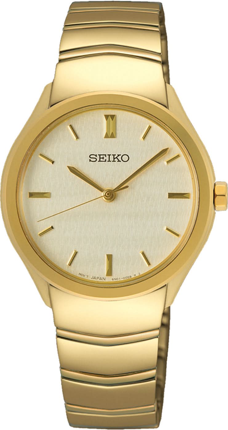 "Reloj de mujer con cadena de pulsera redonda de acero inoxidable en tono dorado y esfera con índices"