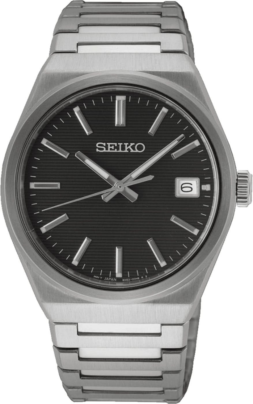 Pulsera de hombre Seiko con esfera negra, visualización de fecha y brazalete de acero inoxidable