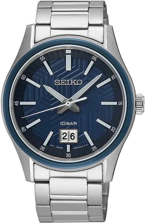 Reloj de hombre con correa de acero inoxidable plateado, esfera azul e indicador de fecha