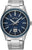 Reloj de hombre con correa de acero inoxidable plateado, esfera azul e indicador de fecha