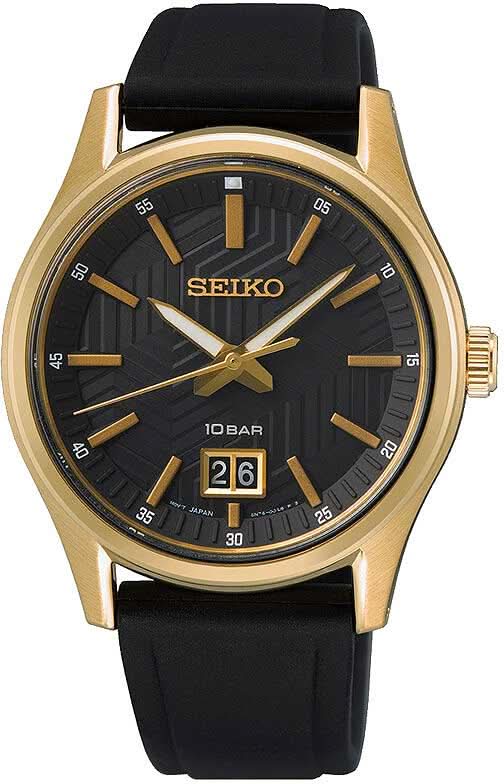 Reloj de hombre con esfera negra, caja dorada y correa negra