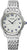 Reloj plateado para mujer con correa de metal, esfera blanca y números azules, Seiko