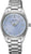 Reloj de mujer de acero inoxidable con esfera azul, índices de diamantes y visualización de fecha.