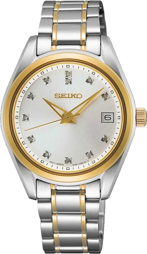 "Reloj de mujer con brazalete bicolor de acero inoxidable, esfera clara, ventana de fecha"
