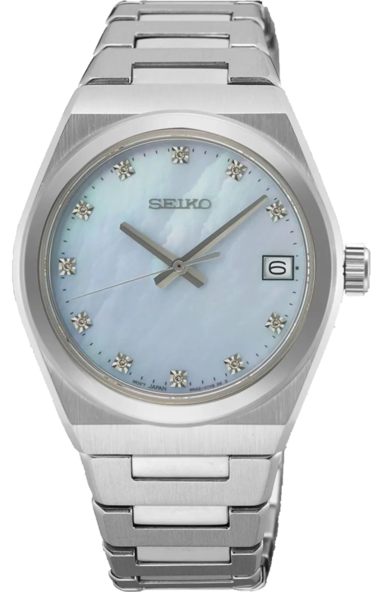 Reloj Seiko para mujer con esfera de nácar azul, brazalete plateado y ventana de fecha
