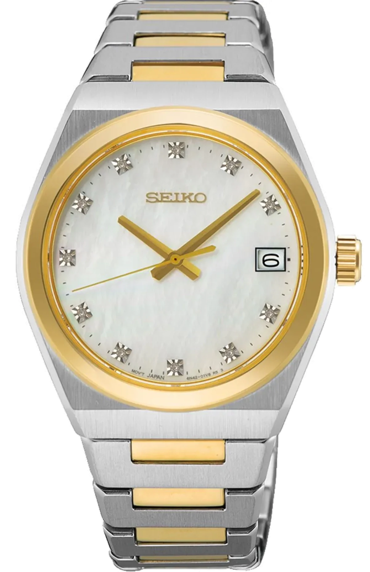 "Reloj de mujer con correa bicolor de acero inoxidable, esfera plateada, ventana de fecha a las 6"