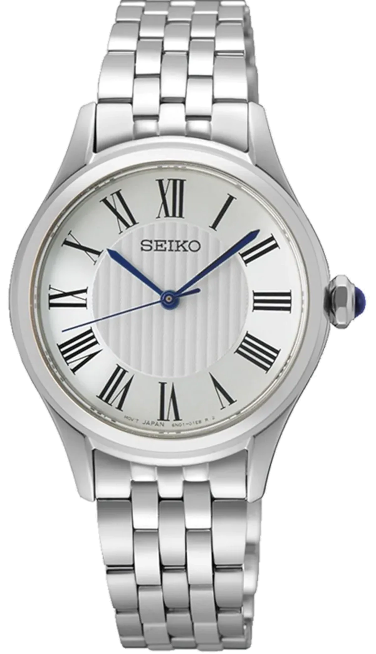 Reloj de mujer con pulsera de acero inoxidable, esfera blanca con números romanos y agujas azules