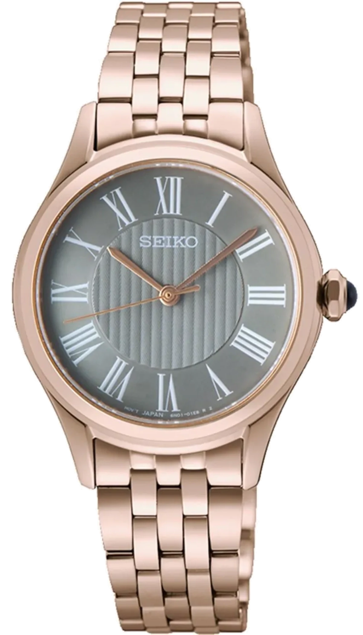 Reloj de mujer con correa de metal en tono oro rosa y caja redonda, esfera azul con números romanos.