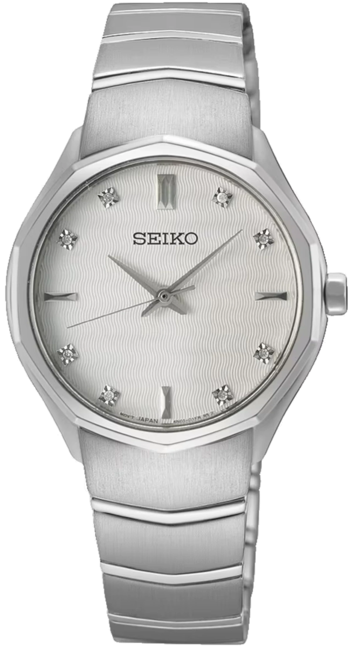 Reloj Seiko para mujer con pulsera de acero inoxidable plateada y esfera plateada, índices de piedras