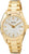 "Reloj de mujer con pulsera de acero inoxidable en tono dorado, esfera blanca y cristal de zafiro"