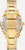 "Reloj de mujer con pulsera de eslabones dorados y fondo con corona"