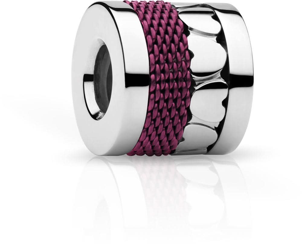 Charm de acero inoxidable con anilla cilíndrica y cinta trenzada violeta