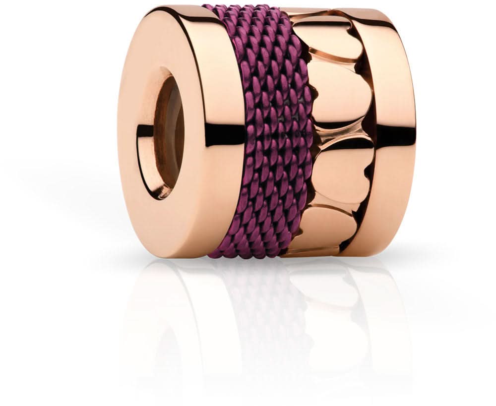 Charm de acero inoxidable en forma de cilindro con acabado en oro rosa y trenzado morado
