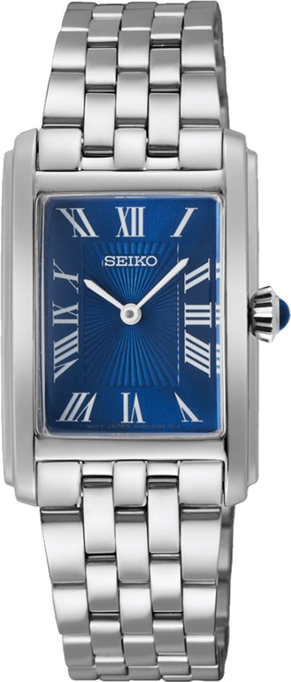 "Reloj de mujer con esfera azul y números romanos, correa de acero inoxidable plateado, caja rectangular"
